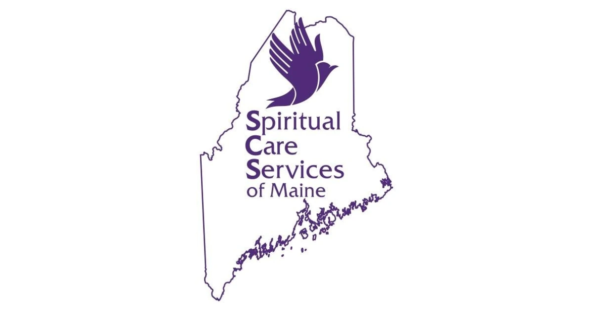 Purple outline of Maine state with dove symbol and text reading Spiritual Care Services of Maine.