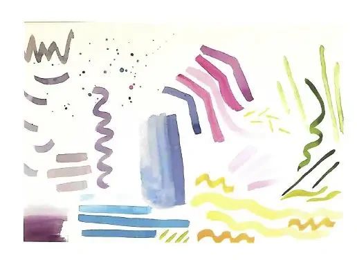 A collection of scattered watercolor shapes, lines, and patterns in purple, blue, green, and yellow on a white background.