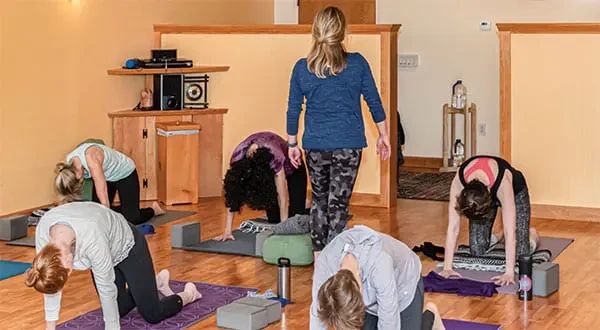 A yoga instructor stands before a group of people in a studio, all practicing the cat-cow pose on yoga mats.