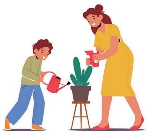 A woman and a child water a potted plant together.