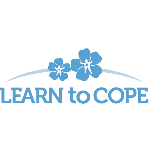 Learn to Cope logo with blue flowers and curved line above text.