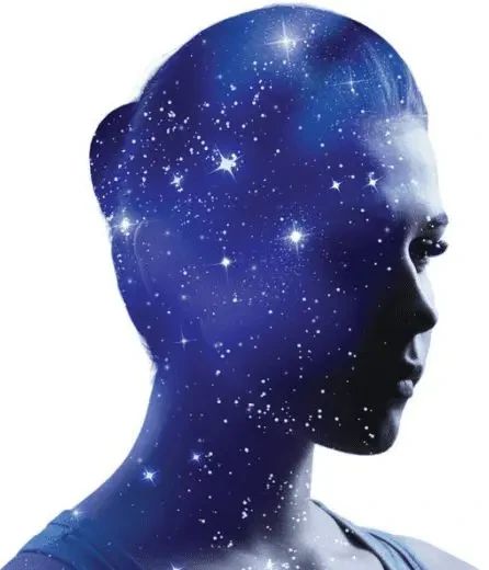 A profile silhouette of a person’s head and neck, filled with a blue night sky of stars.