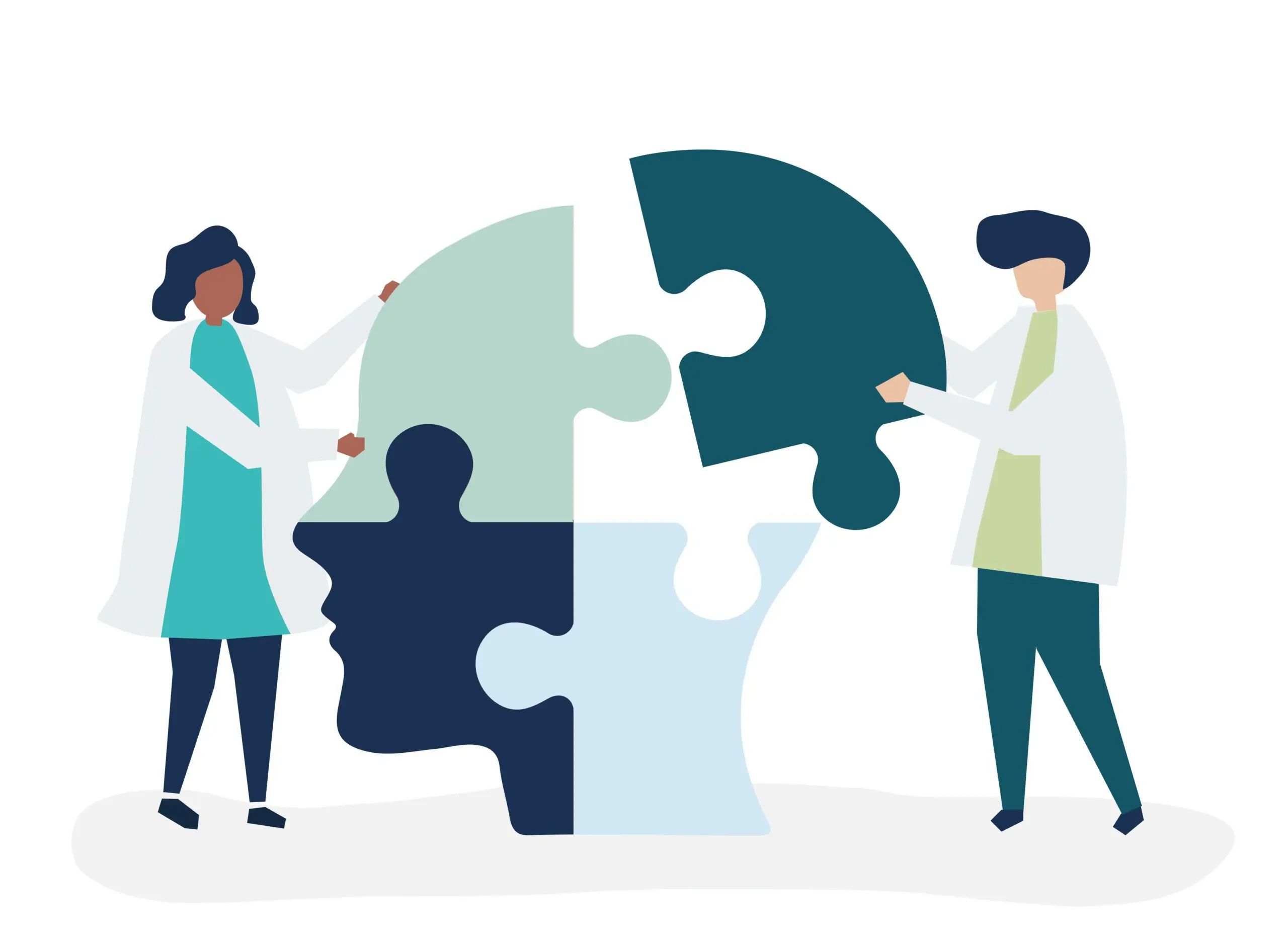 Two doctors in lab coats fitting together large puzzle pieces shaped like a human head.
