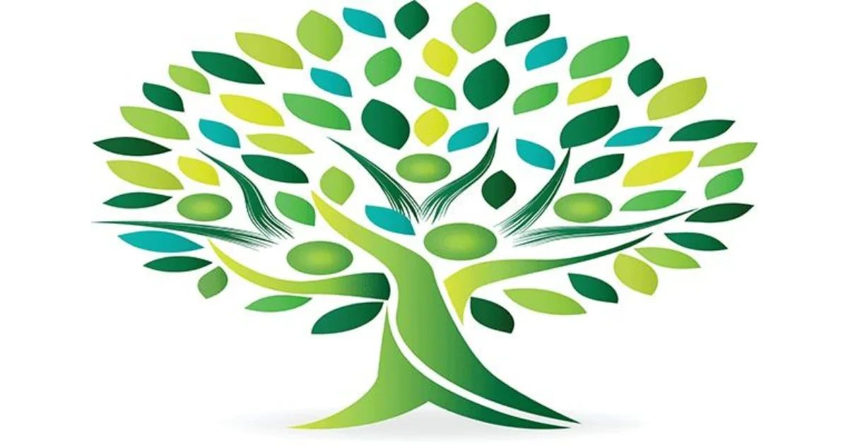 Stylized tree with leaves in shades of green and teal, with a trunk shaped like human figures.