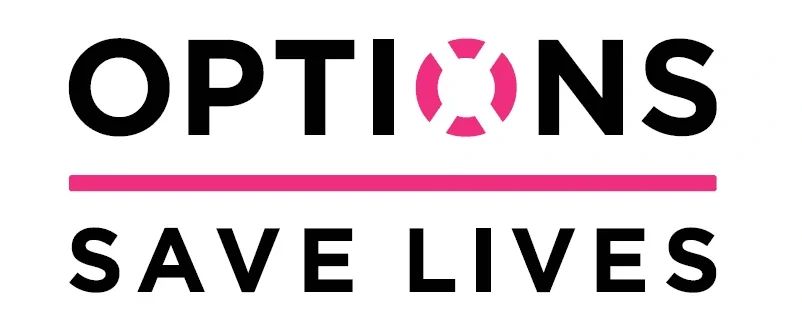 The text OPTIONS SAVE LIVES, with the letter O in OPTIONS replaced by a pink life preserver, separated by a horizontal pink line.