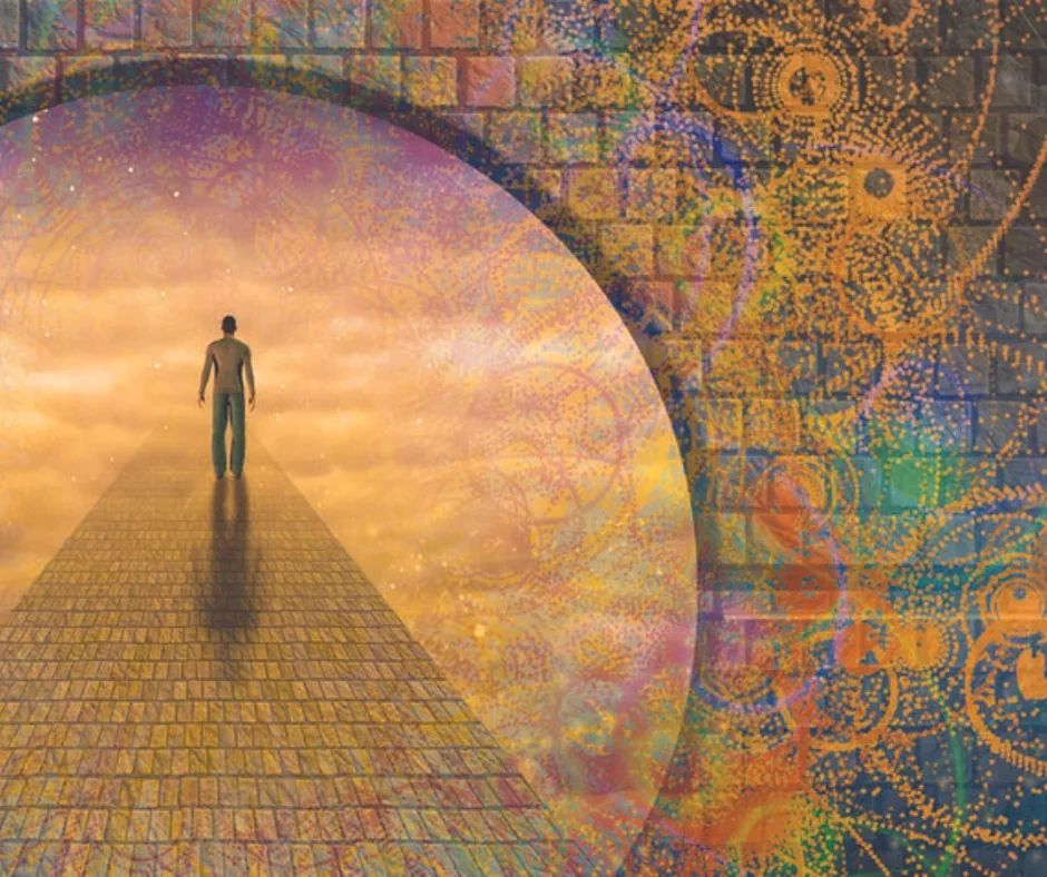 A person walks along a path leading through a circular stone archway into a luminous, golden horizon.