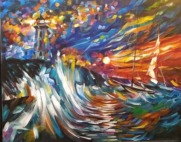Impressionist oil painting of a lighthouse on a rocky cliff beside a sailboat at sunset, with thick, vibrant brushstrokes.