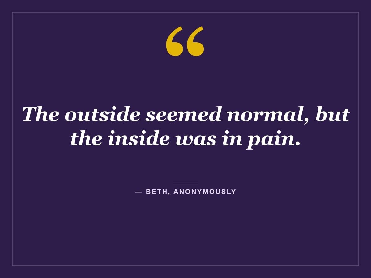 Quote card: "The outside seemed normal, but the inside was in pain." — Beth, Anonymously