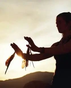 A silhouette of a person holding feathers against a sunset.