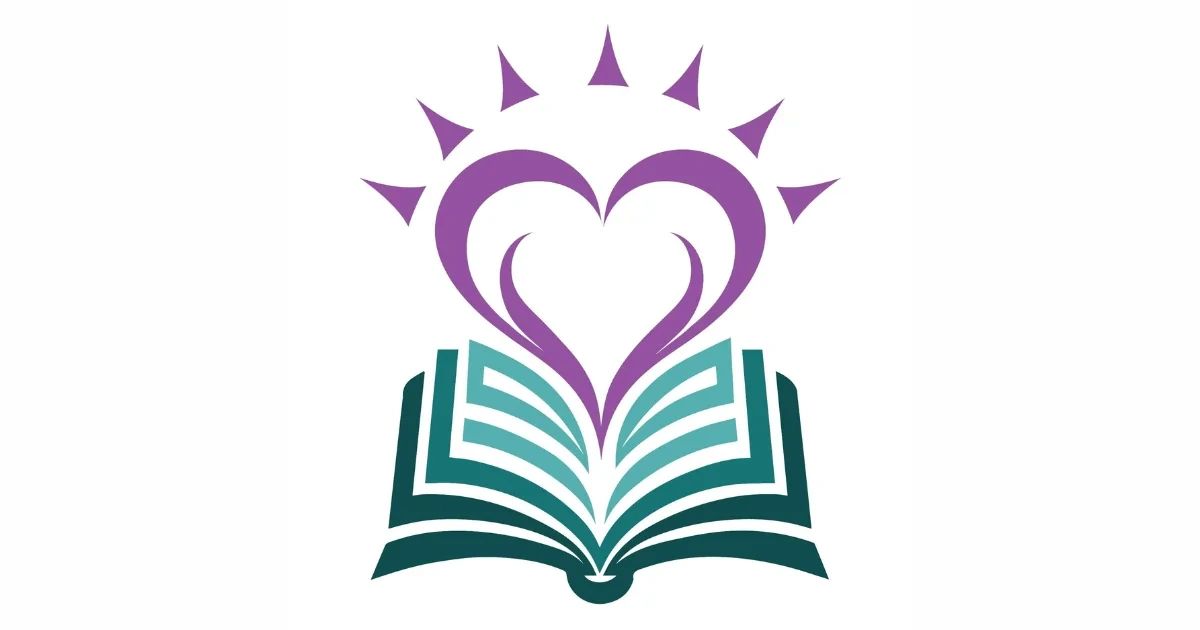 Logo of an open book with teal pages, topped by a purple heart shaped like a rising sun.