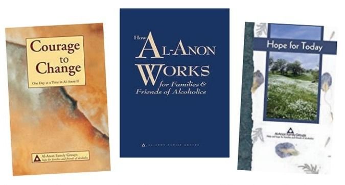 Three Al-Anon books titled Courage to Change, How Al-Anon Works for Families & Friends of Alcoholics, and Hope for Today.