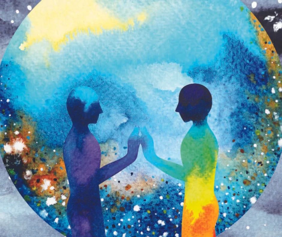 Watercolor painting of two silhouettes facing each other and touching hands against a circular, abstract blue and yellow celestial background.