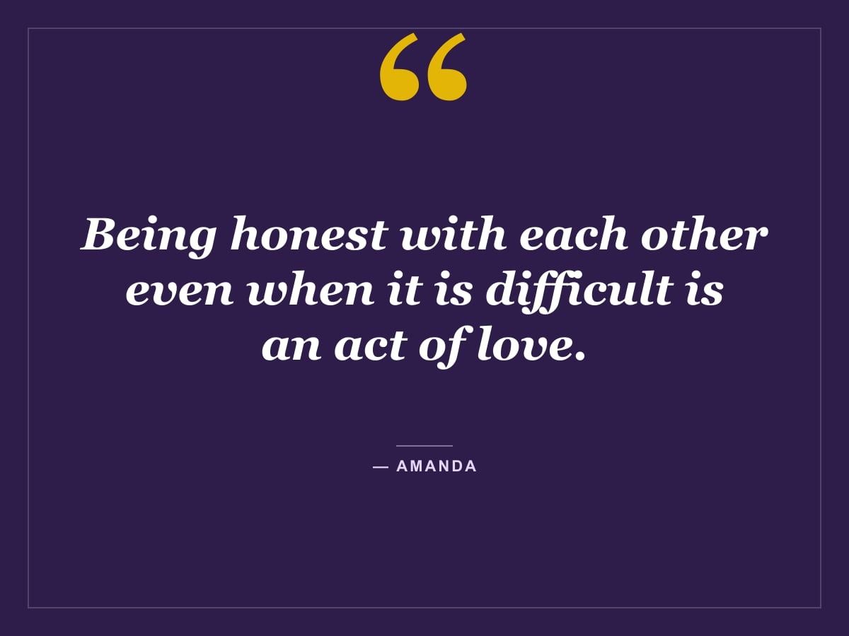 Quote card: "Being honest with each other even when it is difficult is an act of love." — Amanda