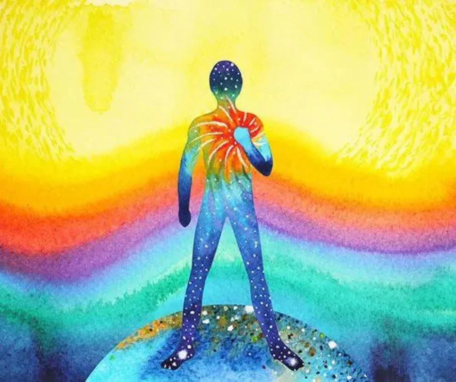 Watercolor painting of a silhouetted figure filled with stars, holding a bright, glowing sun-like burst at their chest against a vibrant, multi-colored background.