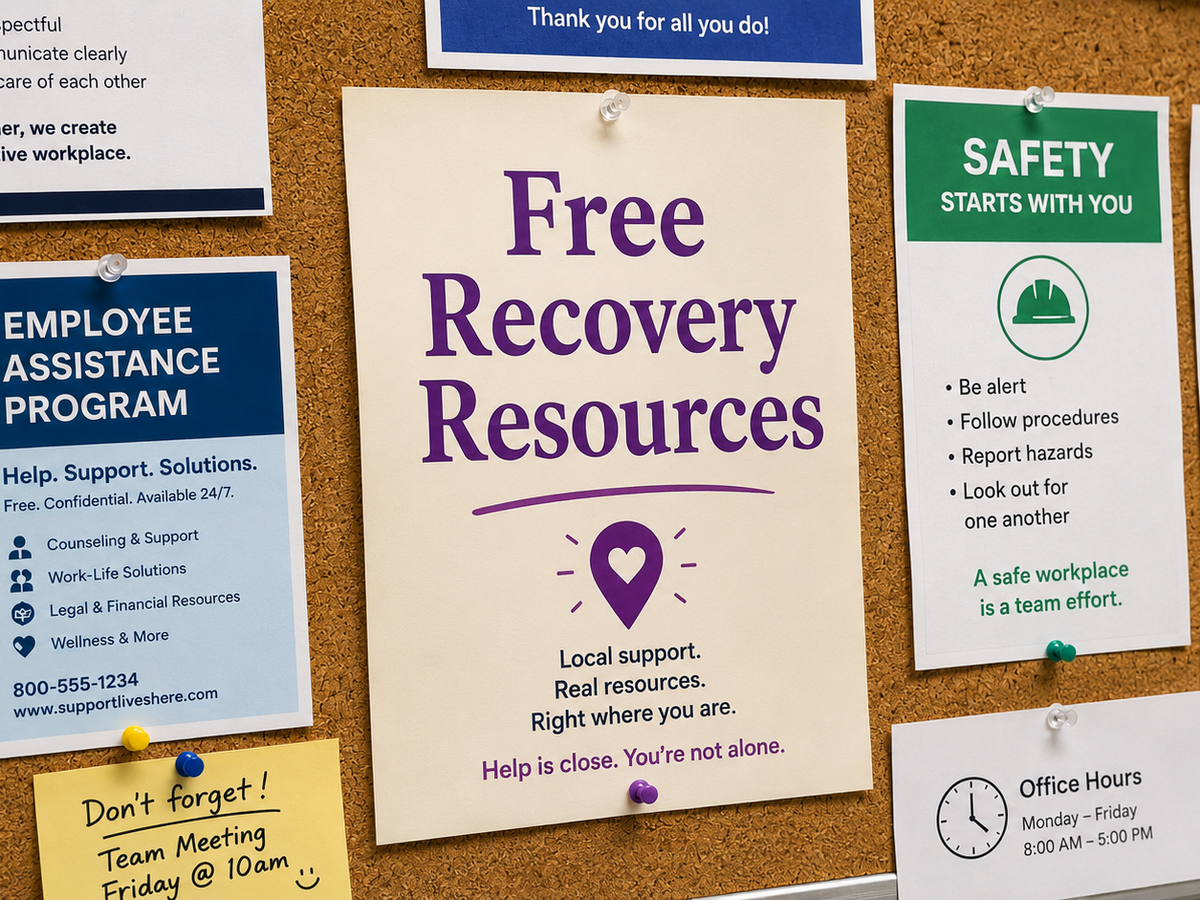 A bulletin board featuring a central flyer titled Free Recovery Resources surrounded by other informational posters about employee assistance, safety guidelines, and office hours.