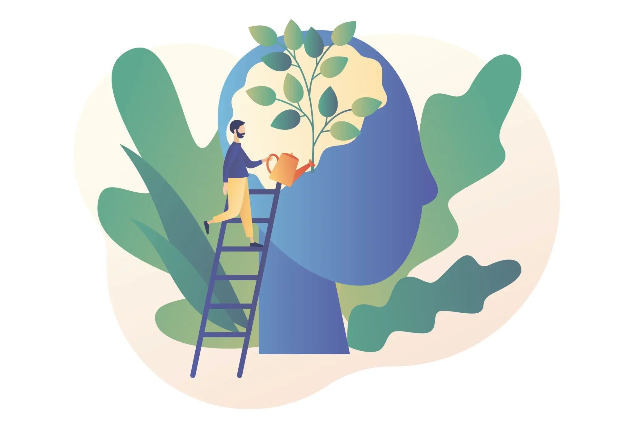 A person on a ladder waters a small plant growing inside a large silhouette of a human head.