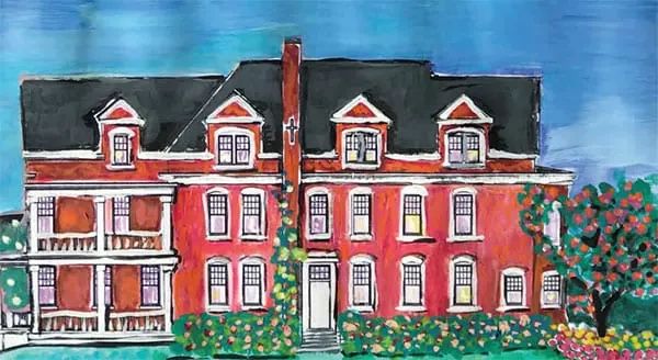 Painting of a large, two-story red brick house with a dark roof, multiple windows, a porch, and a flowering vine climbing a central chimney.