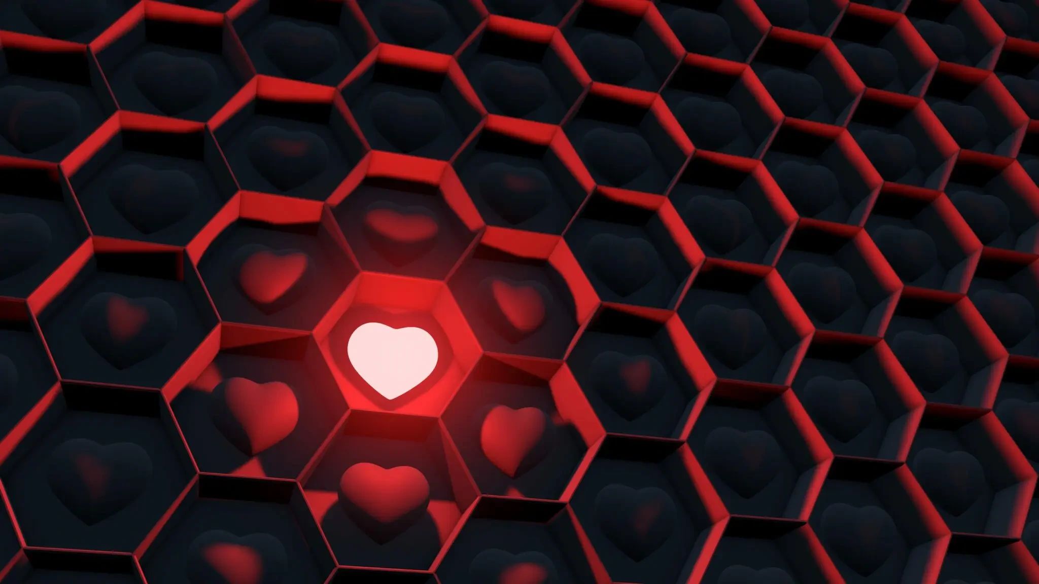 A grid of dark hexagonal cells, each containing a heart shape, with one central heart glowing bright white.