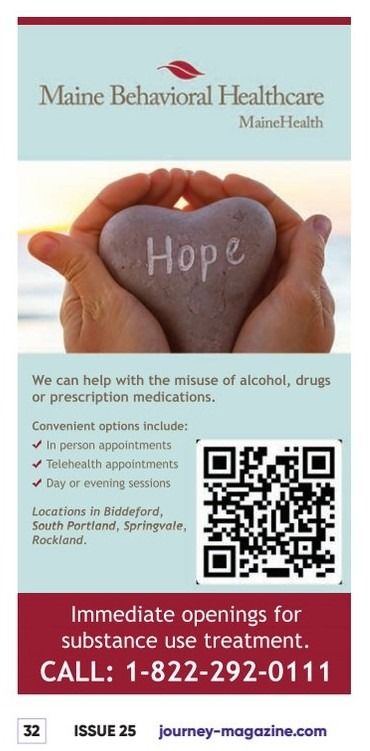 Maine Behavioral Healthcare advertisement for substance use treatment listing services, locations, a QR code, and a contact number.