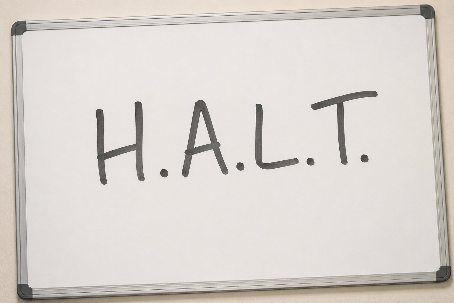 A whiteboard with the letters H.A.L.T. written in black marker.