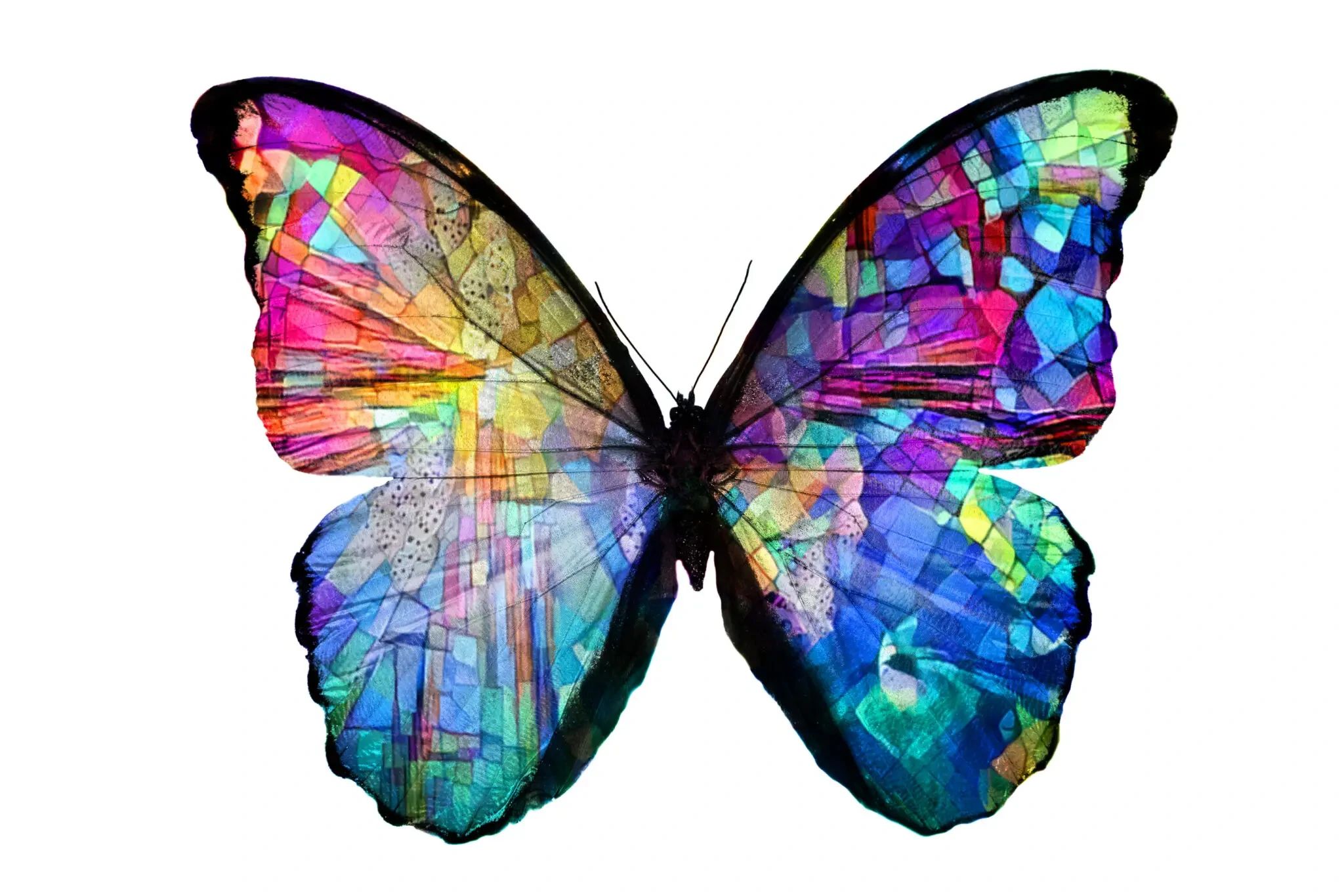 A butterfly with wings featuring a multicolored stained-glass pattern.
