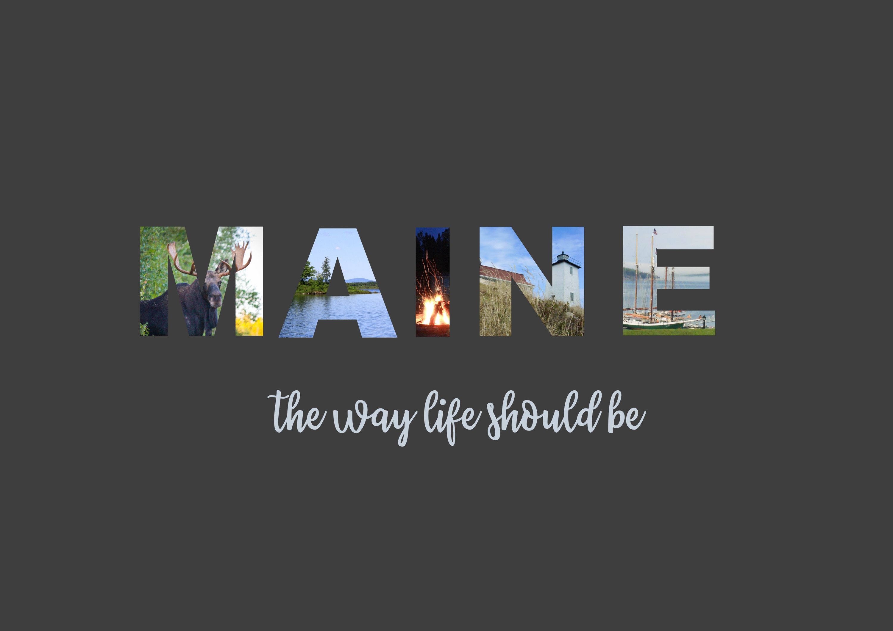 The word MAINE spelled out with images of a moose, a lake, a campfire, a lighthouse, and a sailboat, with the text the way life should be below.