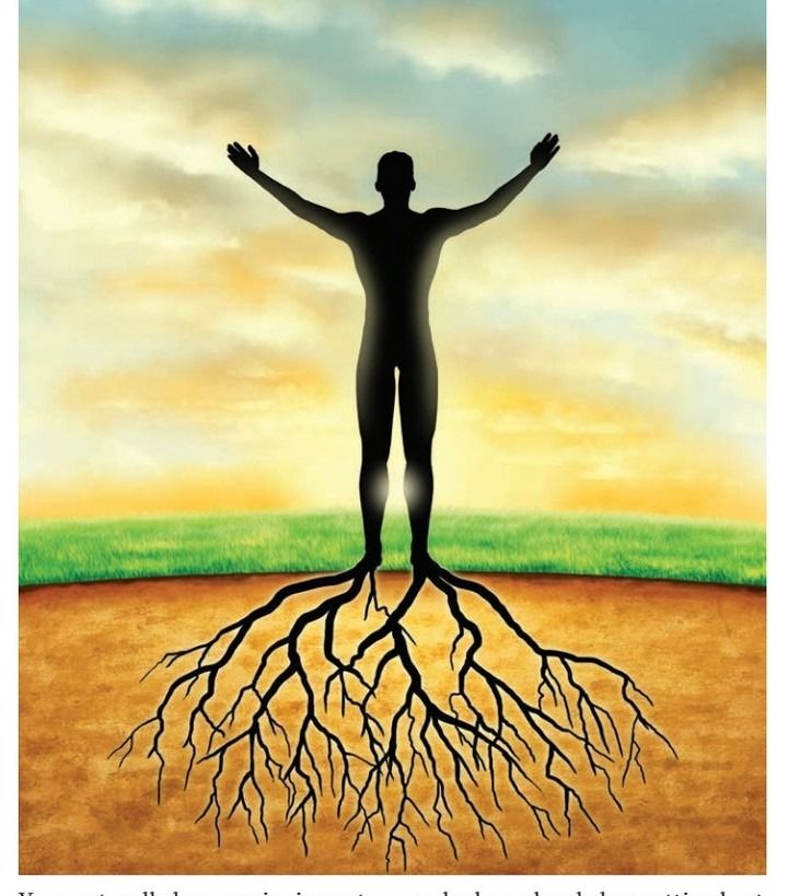 A silhouette of a person standing with arms outstretched, their legs extending downward into large, deep tree roots in the ground against a sunrise sky.