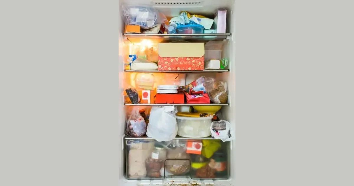 An open refrigerator filled with various food items in containers and plastic bags.
