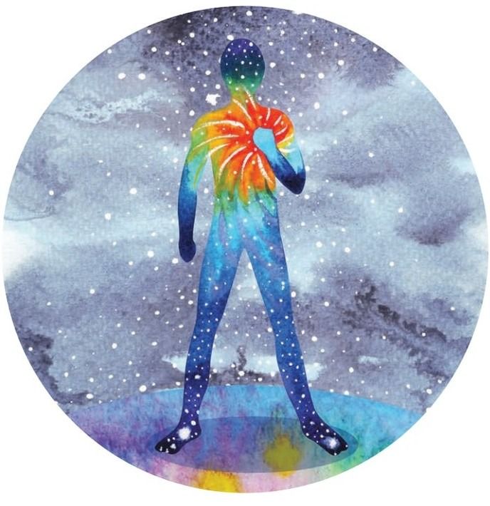 A watercolor illustration of a human silhouette filled with a starry, cosmic pattern, with a vibrant rainbow-colored sunburst glowing over the chest.