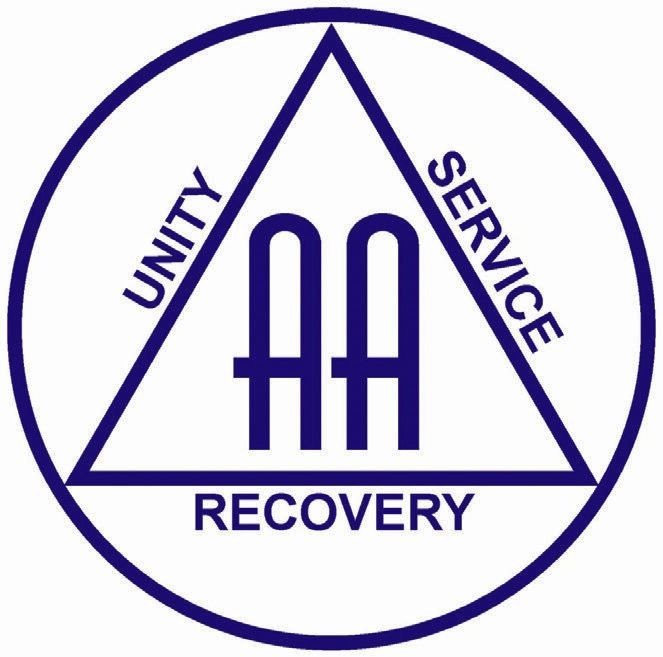 A blue circular logo with a triangle inside, symbolizing Alcoholics Anonymous. The letters AA are in the center, and UNITY, SERVICE, and RECOVERY line the edges—reflecting the support group’s commitment to addiction recovery.