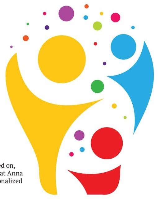A logo shaped like a lightbulb formed by three stylized figures in yellow, blue, and red, with small, multicolored dots floating above them.