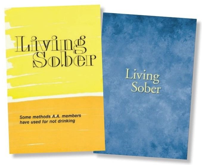Two versions of the book Living Sober: a yellow cover with black text, and a blue cover with white text.