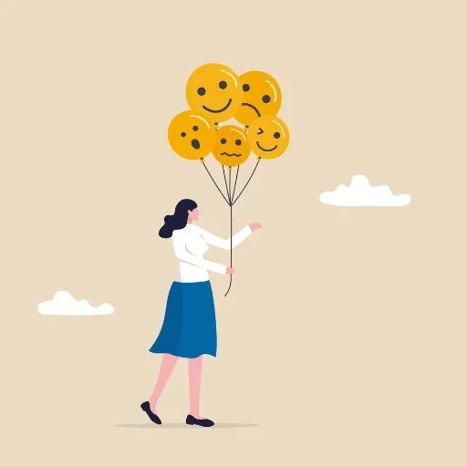 A woman holds a bunch of balloons, each featuring a different facial expression.