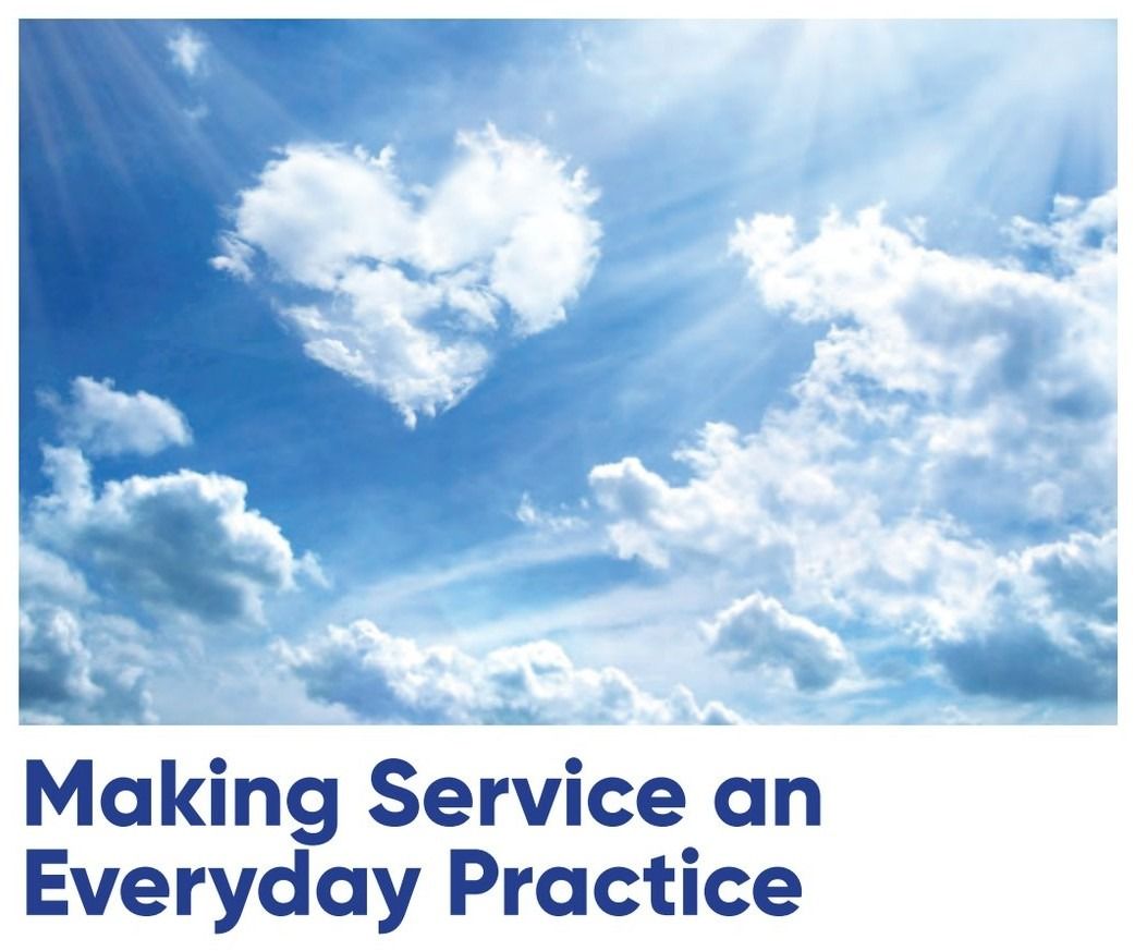 A heart-shaped cloud in a blue sky with sunlight rays, above the text Making Service an Everyday Practice.